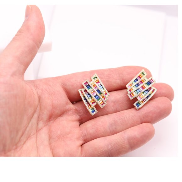 Very Colorful Earrings Sterling Silver Multi color cz - Picture 2 of 5